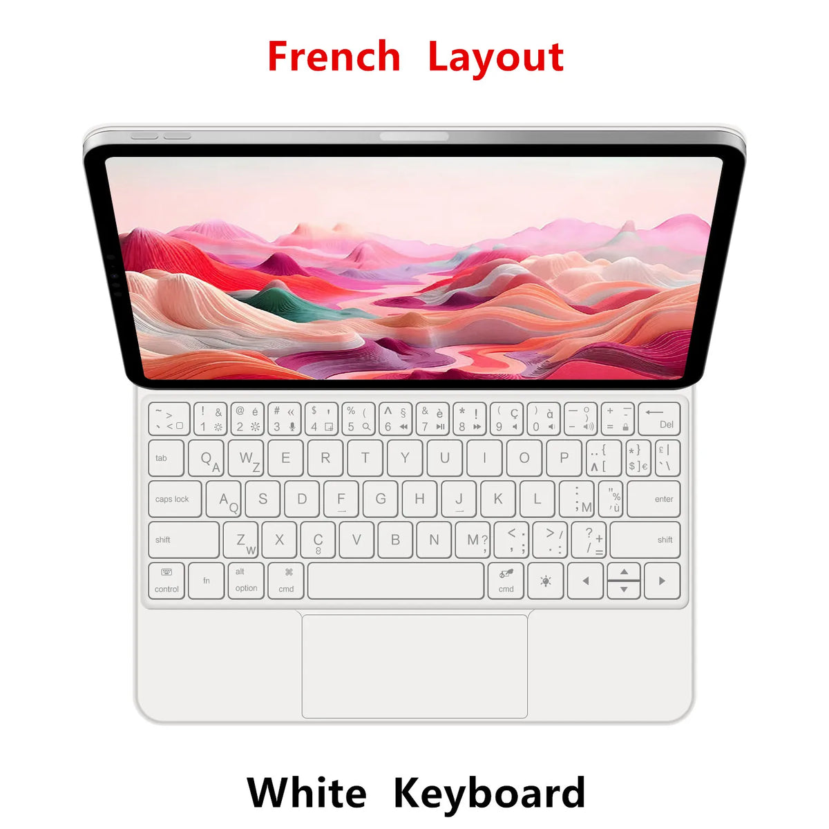 Clavier flottant magnétique français blanc avec fond paysage rose et violet.