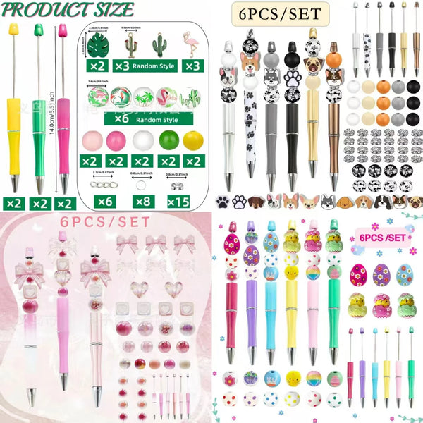 A set of rotating gradient acrylic beaded pens in various colors and styles for writing or decoration.