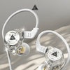 A pair of QKZ-AK3 professional moving coil unit earphones with white cables and microphone visible against a light background