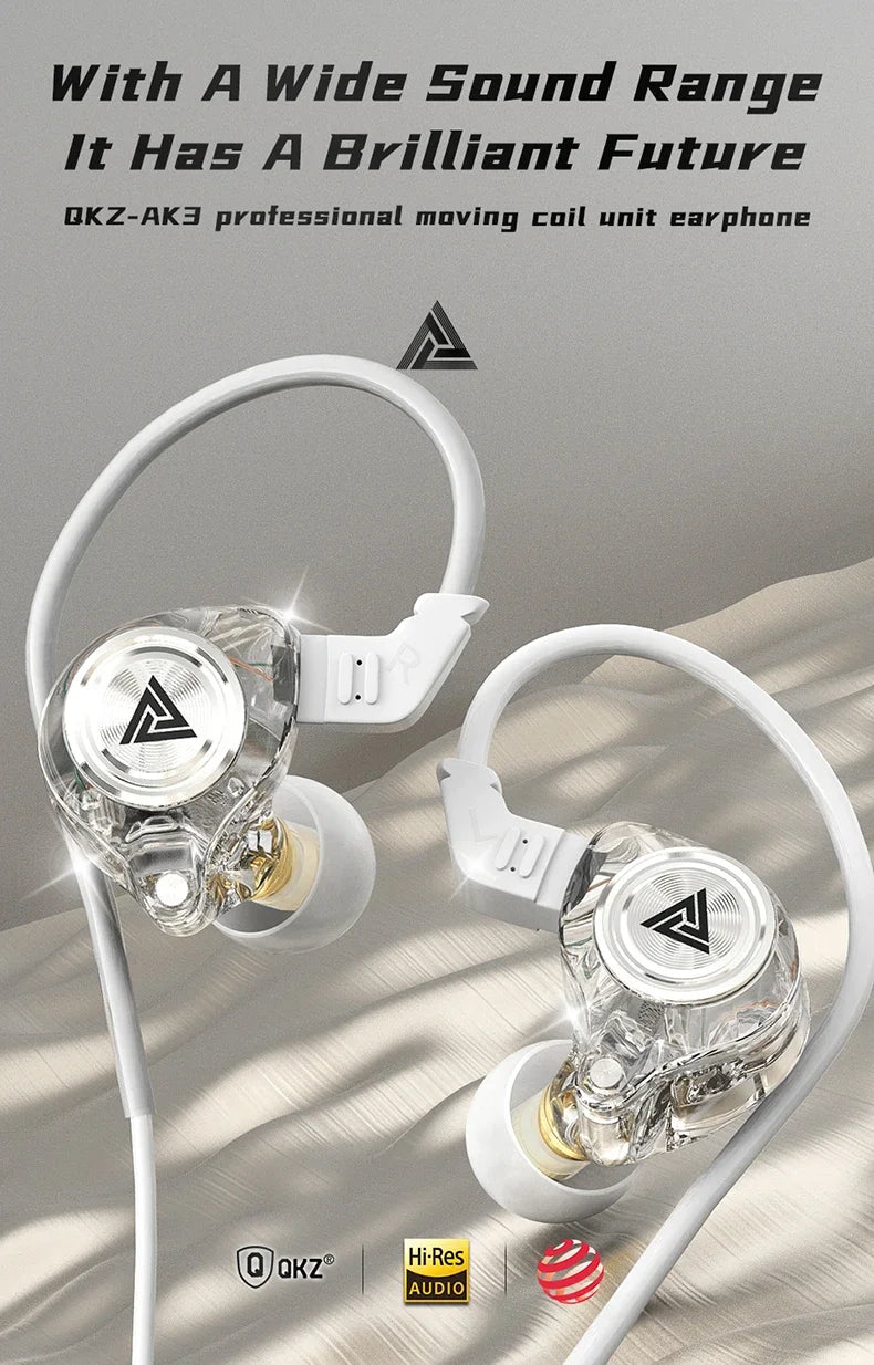 A pair of QKZ-AK3 professional moving coil unit earphones with white cables and microphone visible against a light background