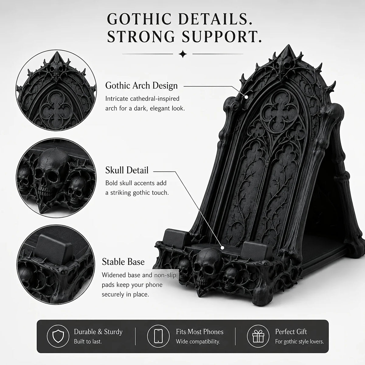 A black gothic skull phone stand featuring intricate arch design and a stable base.