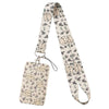 A beige patterned cartoon cat card holder lanyard with a neck strap.