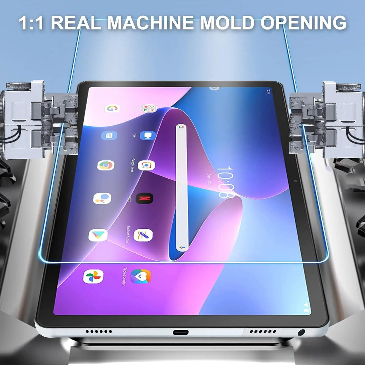 A tablet screen is being opened by a machine mold, demonstrating 1:1 real machine mold opening for a tempered glass screen pr