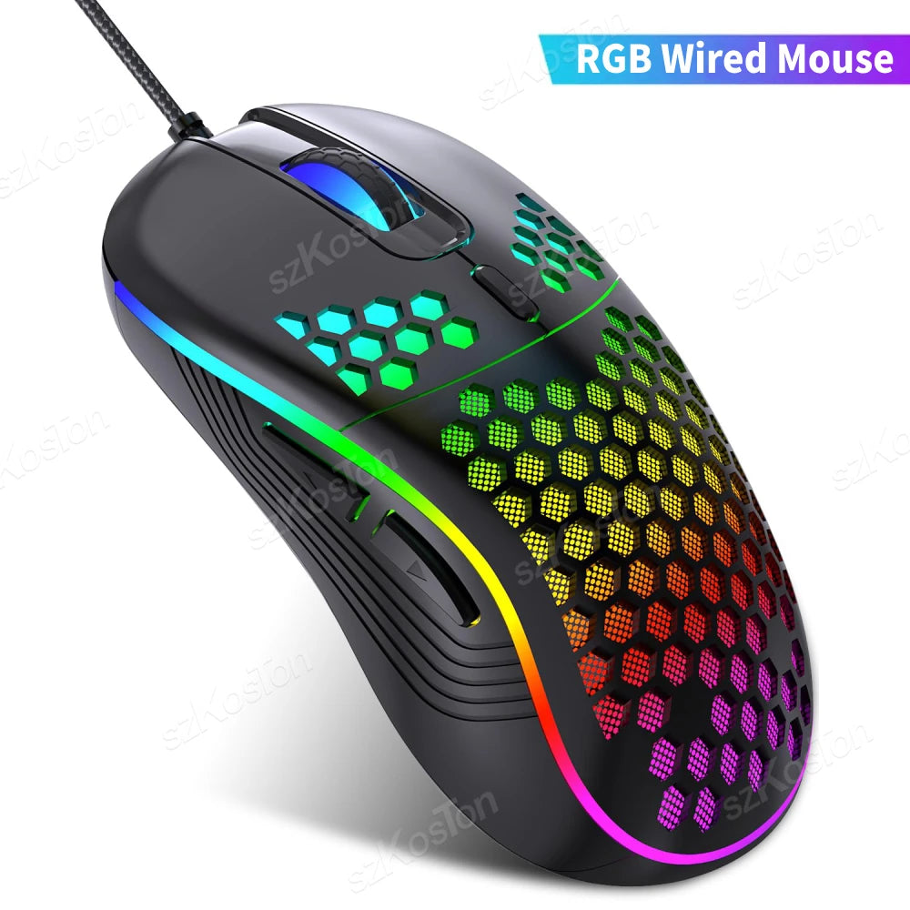 A black wired gaming mouse featuring an RGB honeycomb pattern with colorful lighting accents.