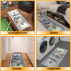 A collection of four images showing a dollar bill design runner rug in different rooms: entertainment room, bedroom, entryway