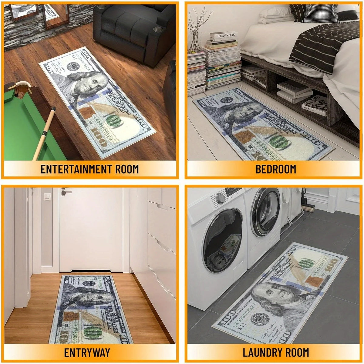 A collection of four images showing a dollar bill design runner rug in different rooms: entertainment room, bedroom, entryway
