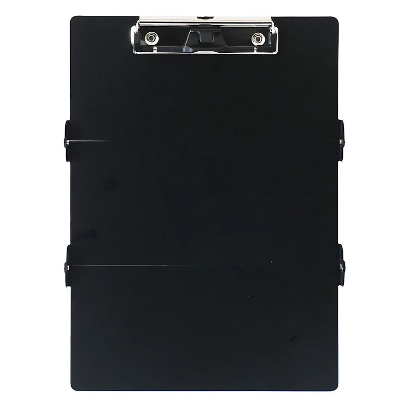 A black A4 foldable medical clipboard with a silver clasp.