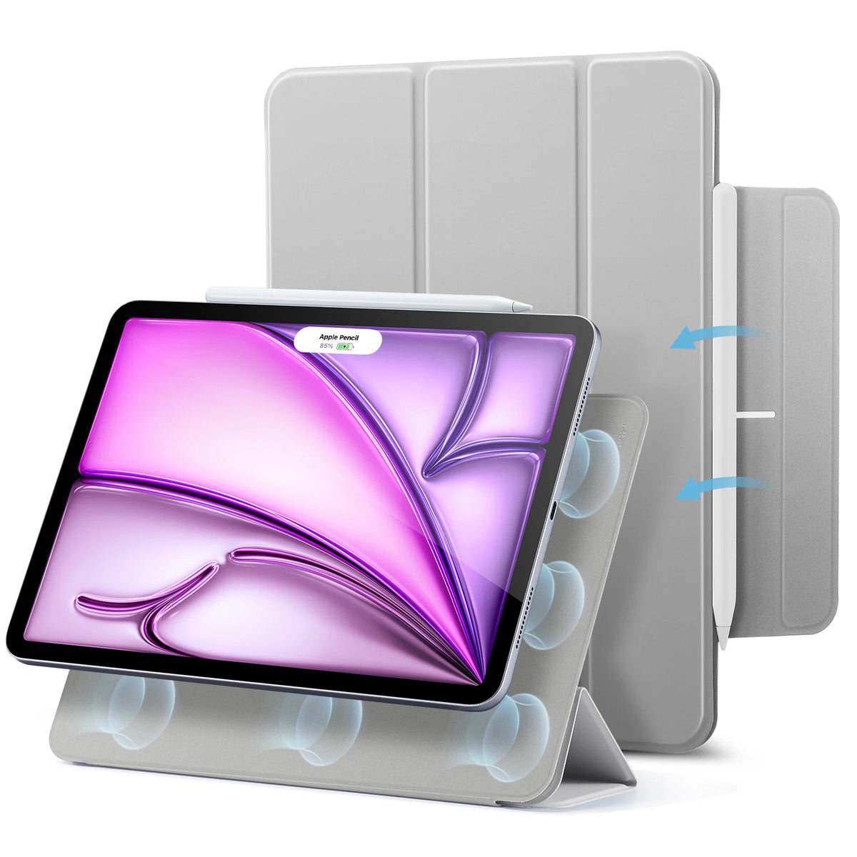 A silver magnetic folio case for an iPad Air is shown next to the tablet.