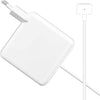A white universal laptop charger with a rectangular plug and a long white cord.