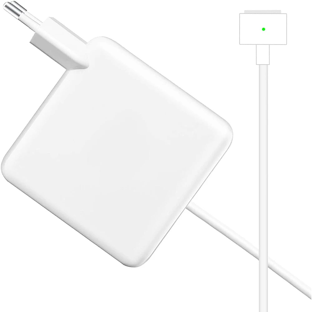 A white universal laptop charger with a rectangular plug and a long white cord.