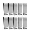 A set of ten ultra-thin stainless steel money clips arranged in a row.