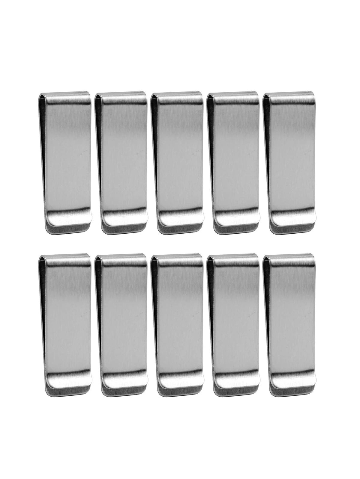 A set of ten ultra-thin stainless steel money clips arranged in a row.