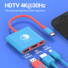 A blue USB-C hub with HDMI and power connectors is shown on a purple background.