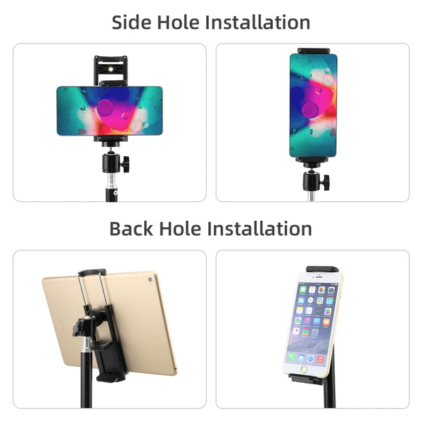 Side and back hole installation methods for an adjustable phone and tablet tripod mount