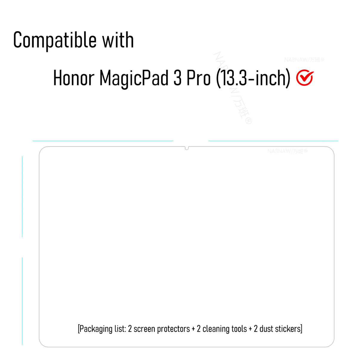 Packaging list for a 2-pack of screen protectors and cleaning tools for the Honor MagicPad 3 Pro (13.3-inch).