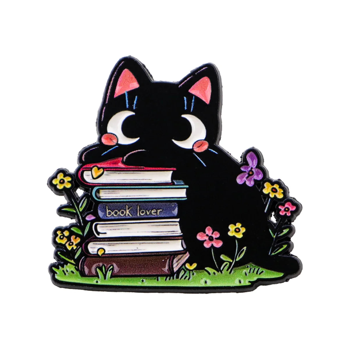 Black cat lapel pin featuring a stack of books and small flowers.