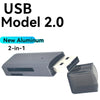 A silver 2-in-1 USB Model 2.0 card reader with a flash drive function.