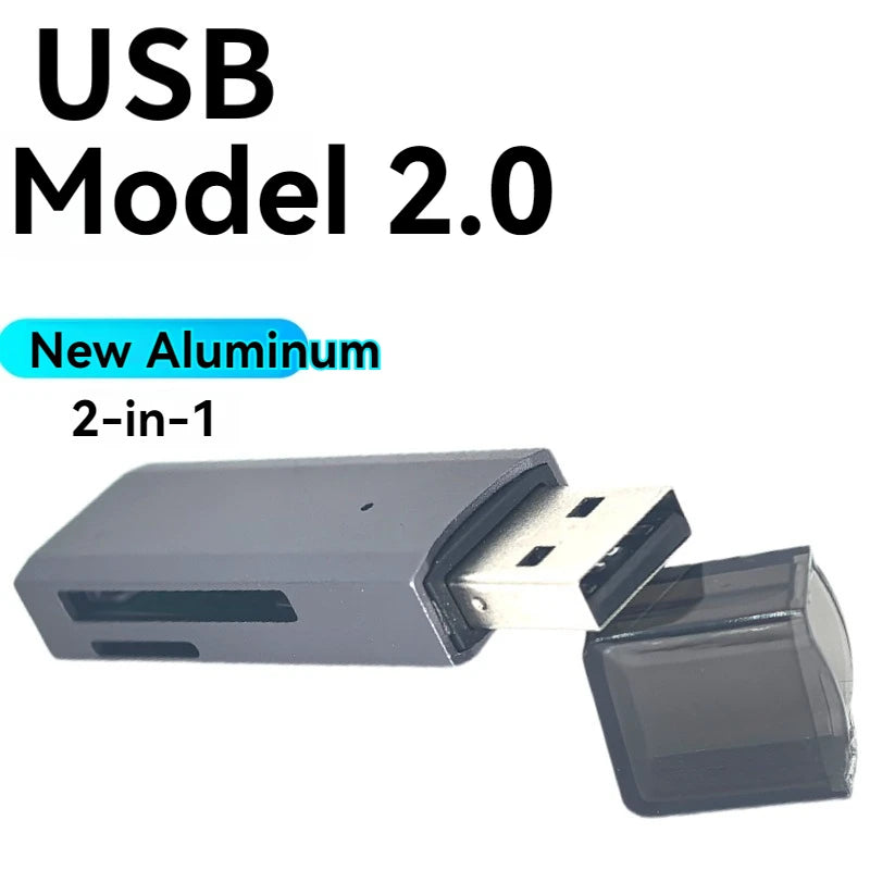 A silver 2-in-1 USB Model 2.0 card reader with a flash drive function.