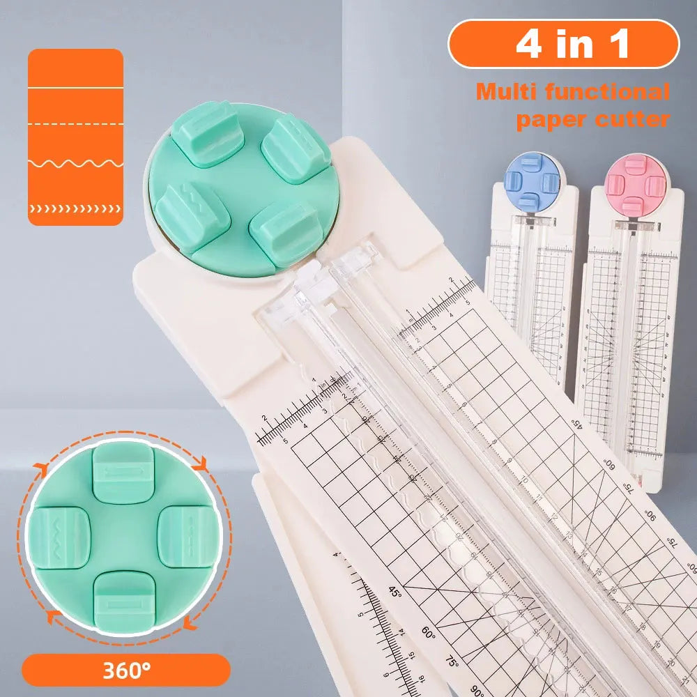 A multi functional paper cutter with a 360 degree rotary blade and guide for cutting paper.