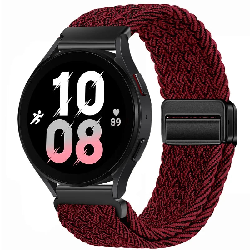 Schwarze Smartwatch mit rotem gestrickten Magnetarmband, die 10:08 anzeigt.