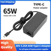 Black Type-C 65W power adapter with a cable shown next to text describing its specifications.