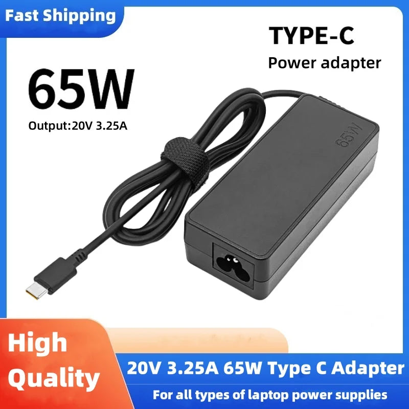 Black Type-C 65W power adapter with a cable shown next to text describing its specifications.