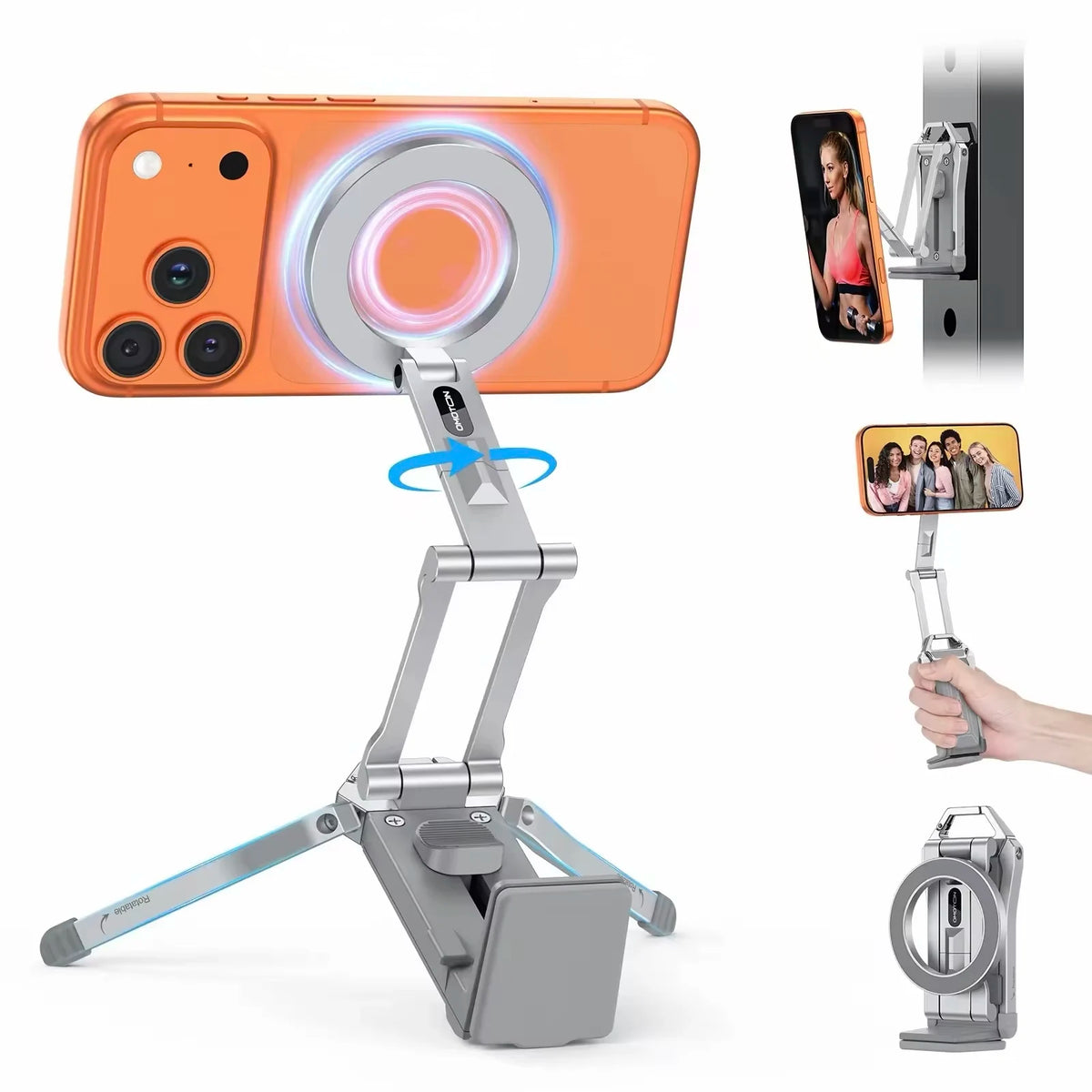 Un smartphone naranja montado en un soporte magnético plateado para ver o fotografiar.