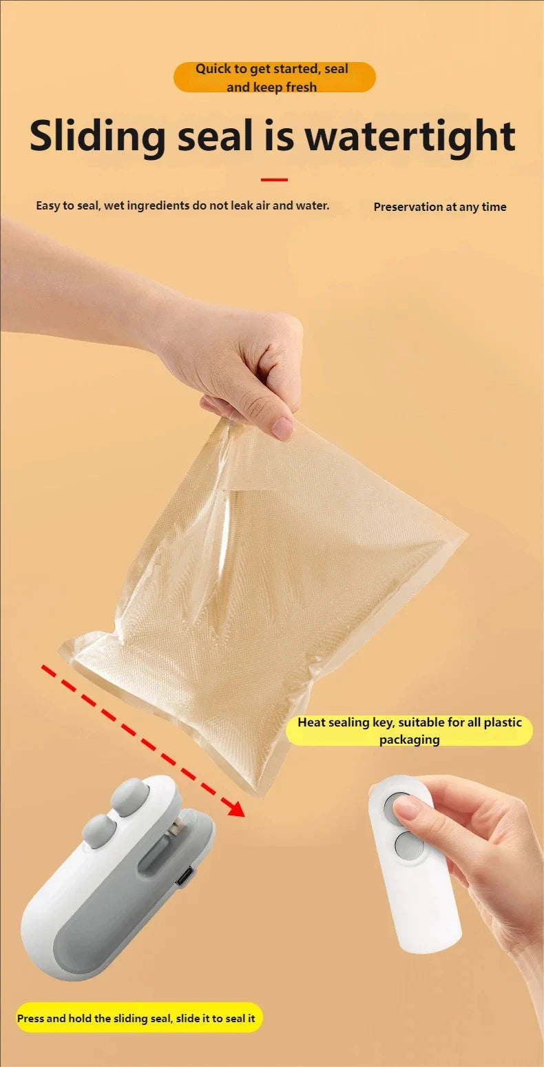A hand is using a handheld heat sealing tool to seal a plastic bag for food preservation.