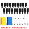 A set of 20 black dry erase markers and 2 white board erasers arranged in a row.