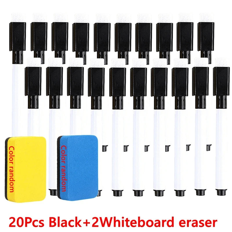A set of 20 black dry erase markers and 2 white board erasers arranged in a row.