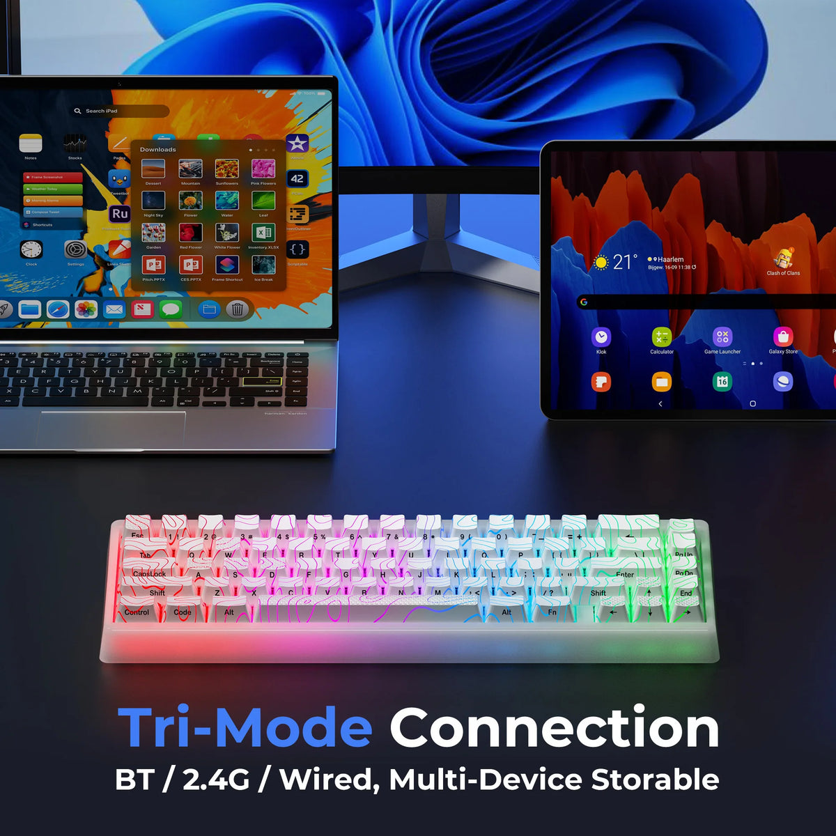 A mechanical keyboard with RGB lighting is shown alongside a laptop and tablet, demonstrating Tri-Mode Connection features.