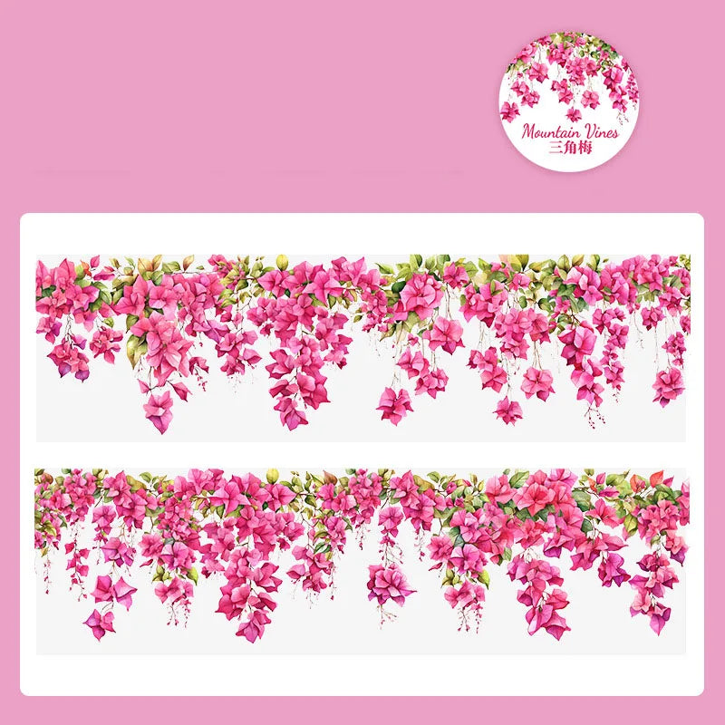 Pink floral vine transparent PET washi tape for journaling and crafts