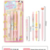 A set of four pink heart-shaped gel pens with animal patterns and cute designs packaged in a clear plastic holder.