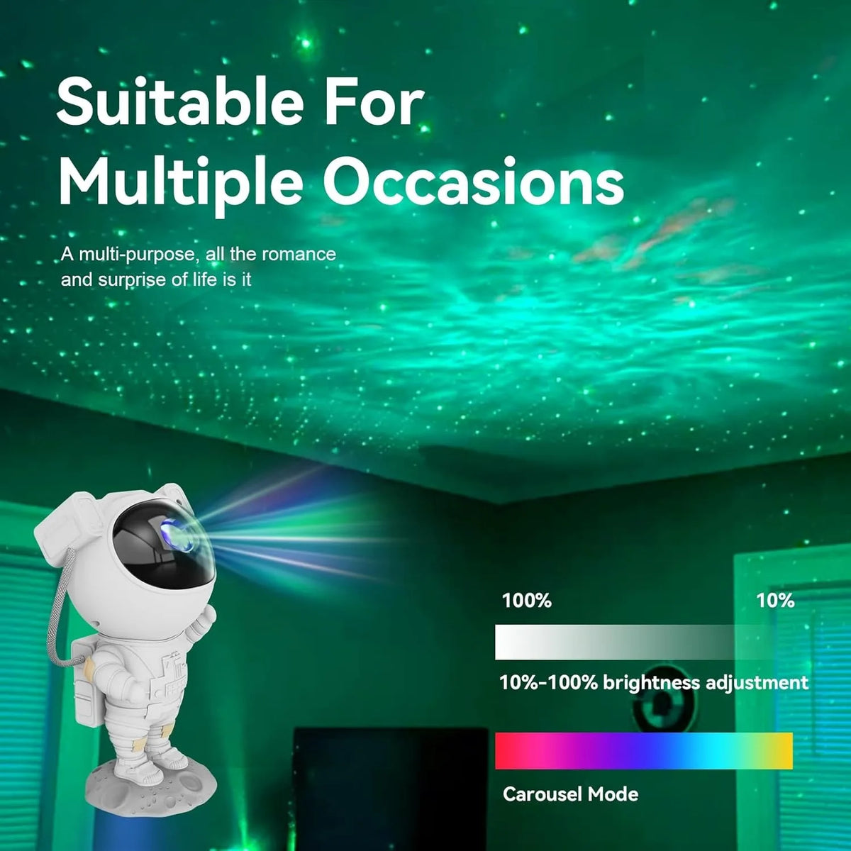 Lampe de nuit robotique blanche projetant une lumière verte dans une pièce.