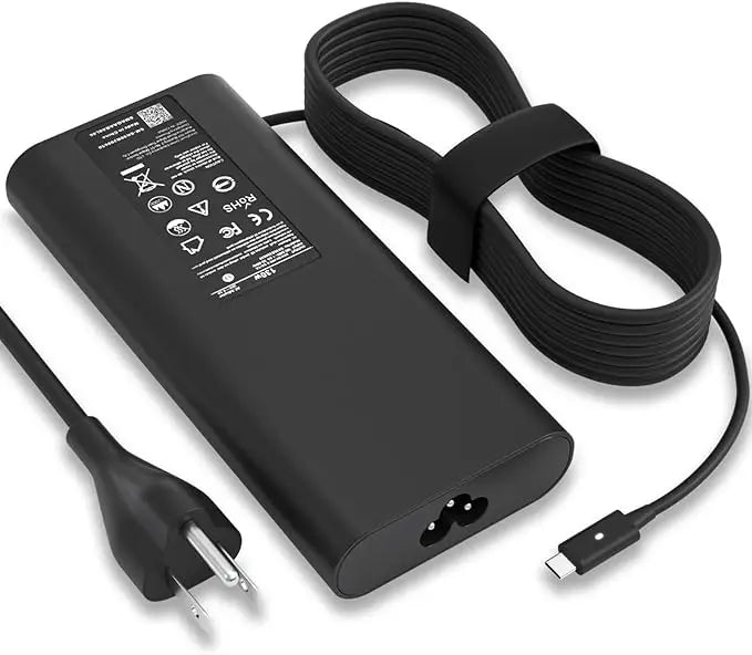A black 130W USB-C laptop charger with a coiled cable is shown on a white background.