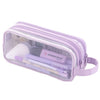A transparent mesh pencil pouch in light purple holds various writing instruments.