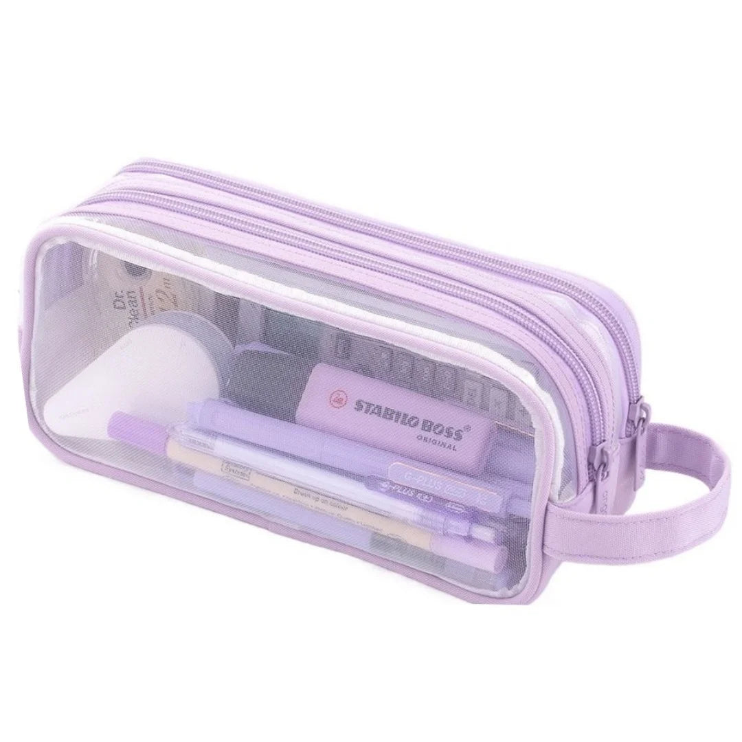 A transparent mesh pencil pouch in light purple holds various writing instruments.