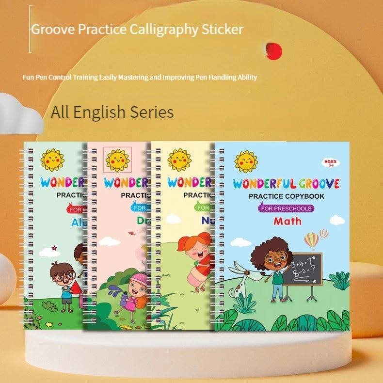 A set of All English Series Groove Practice Calligraphy Stickers for kids featuring colorful illustrations and writing guides