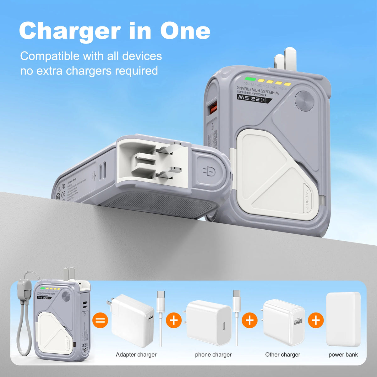 A portable magnetic wireless power bank with built-in cables and a foldable plug shown next to various adapter chargers.