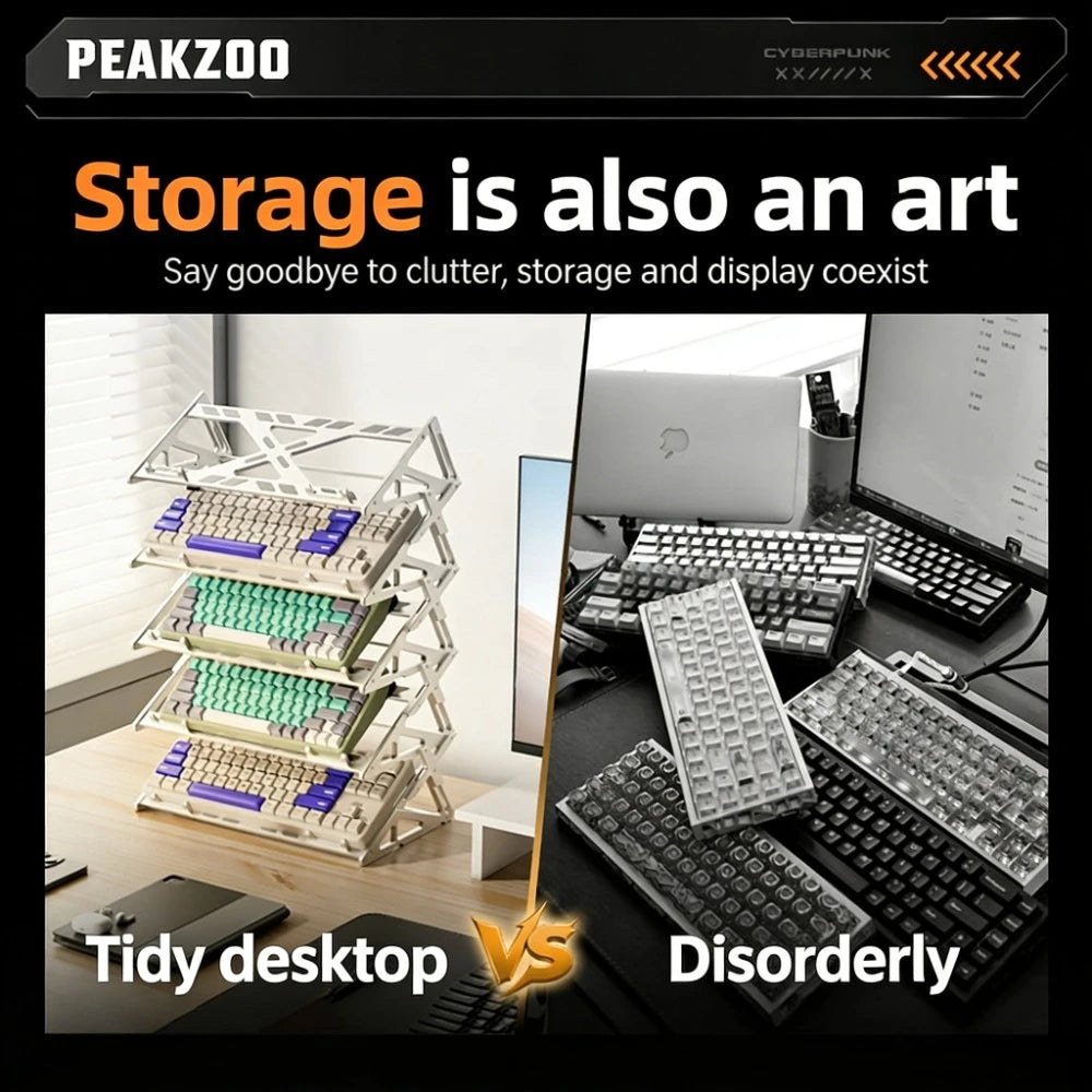 A comparison showing a tidy desktop setup with a metal keyboard display stand versus a messy, disorganized arrangement of mec