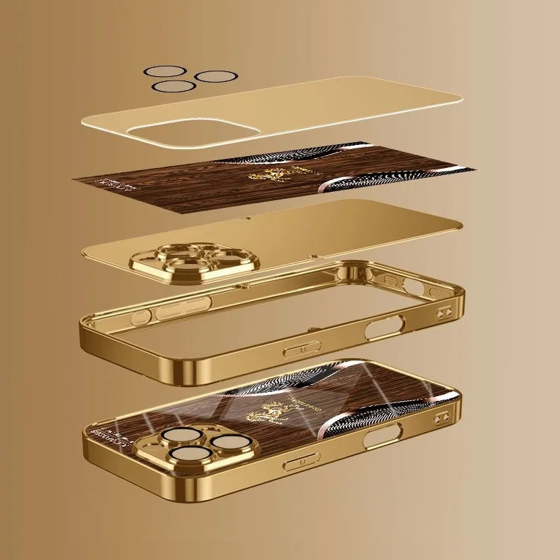 A set of golden horse wood grain tempered glass phone cases for iPhone shown in various designs and finishes.