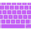 A close-up view of a purple silicone keyboard cover for a laptop, showing the keys and function row.