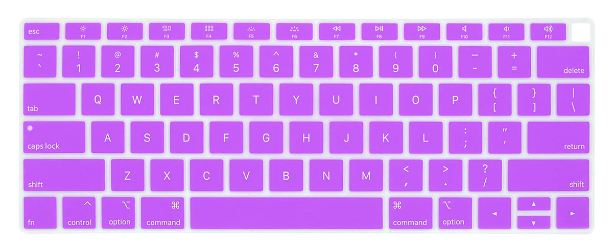 A close-up view of a purple silicone keyboard cover for a laptop, showing the keys and function row.