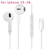 White wired earphones with a detachable connector and a silicone earbud tip for iPhone 15-16.