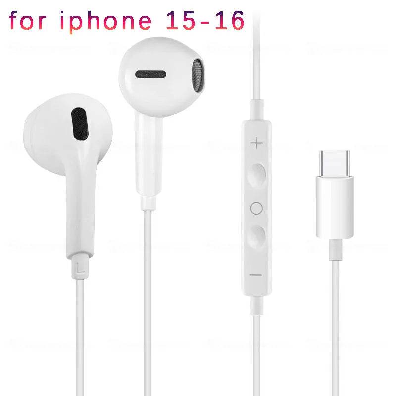 White wired earphones with a detachable connector and a silicone earbud tip for iPhone 15-16.