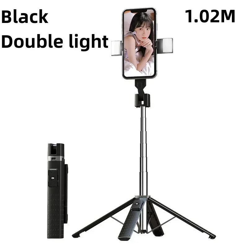 Black double light Bluetooth selfie stick tripod for phone photography
