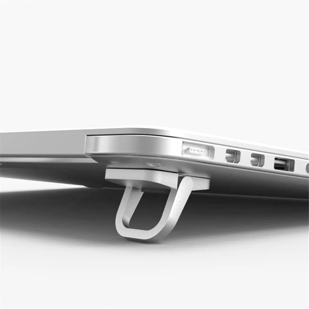 A silver portable laptop keyboard riser stand is shown from the side against a white background.