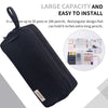 A black multi-layer stationery storage pencil case shown with an inset displaying various pencils and pens.