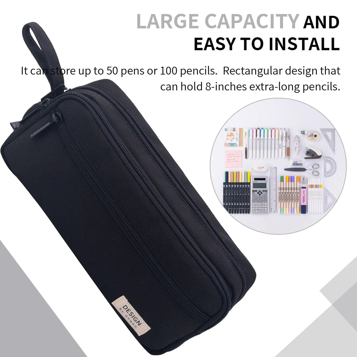 A black multi-layer stationery storage pencil case shown with an inset displaying various pencils and pens.