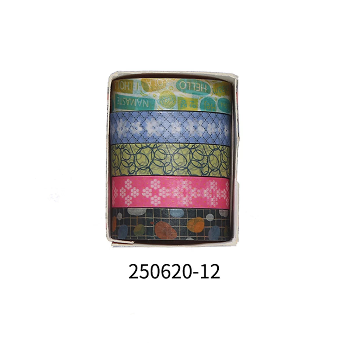 A set of five rolls of colorful floral washi tape in various patterns and colors for crafting.